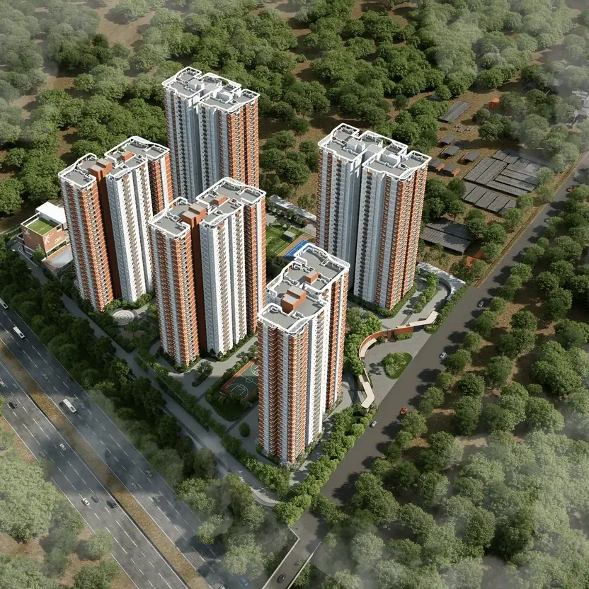 Aerial view of the Aparna WonderWoods towers among trees