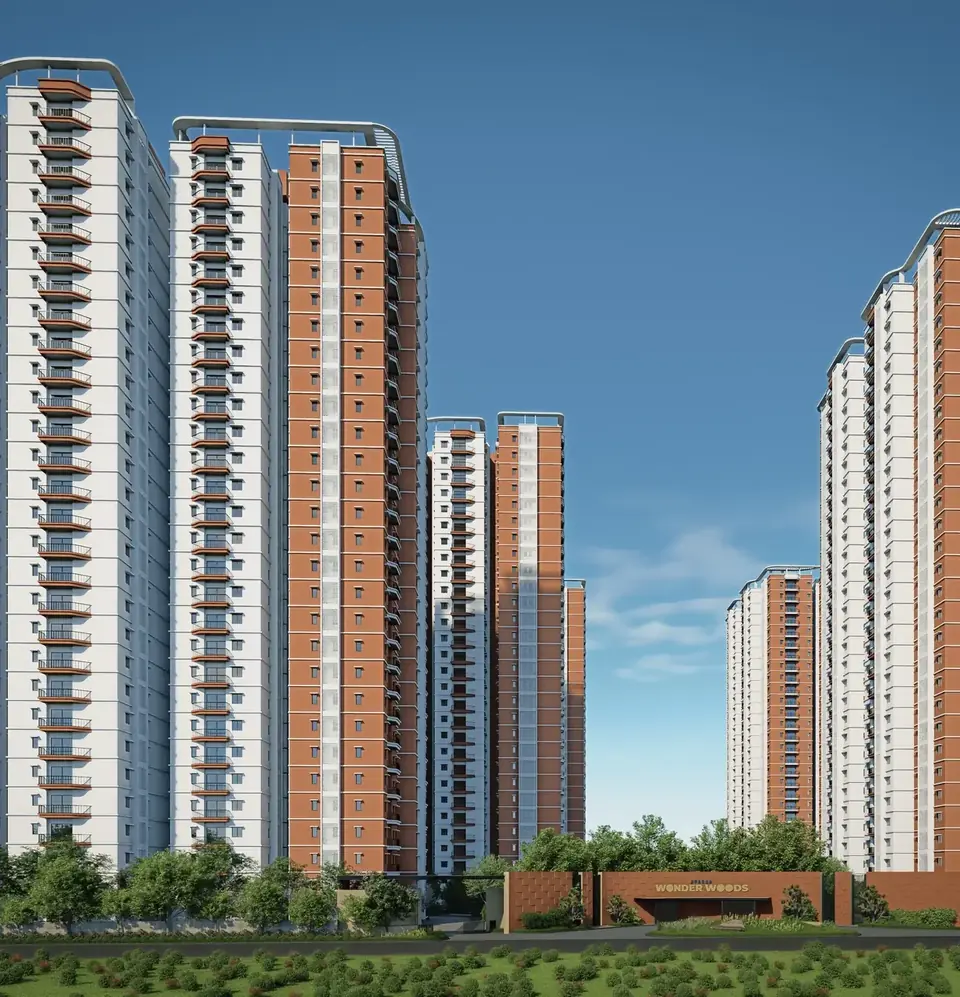 Terracotta and white high-rise towers of Aparna WonderWoods, Kanakapura Road, Bengaluru